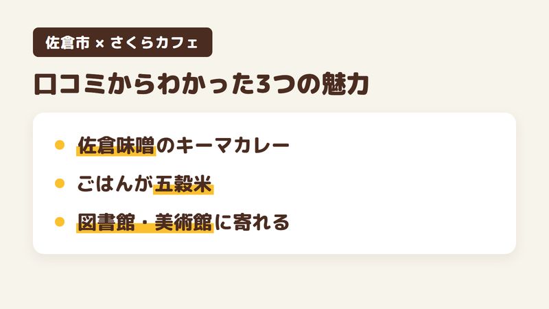 佐倉市新町の図書館内にあるカフェ「さくらカフェ」の口コミからわかった3つの魅力（佐倉味噌のキーマカレー／ごはんが五穀米／図書館と美術館に寄れる立地）をまとめた画像