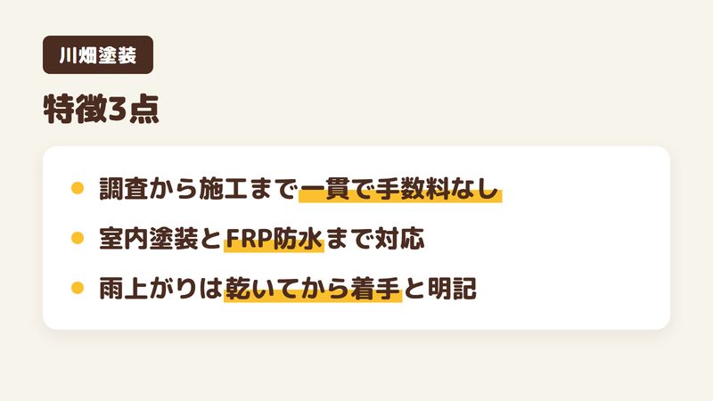 佐倉市の外壁塗装店「川畑塗装」の特徴3点をまとめた図。1.調査から見積もり・施工まで一貫で中間手数料がかからない、2.外壁と屋根に室内塗装とFRP防水まで対応、3.雨上がりは外壁が乾いてから着手すると公式に明記。チバっすが公式サイトを調査した口コミ・評判のまとめ。