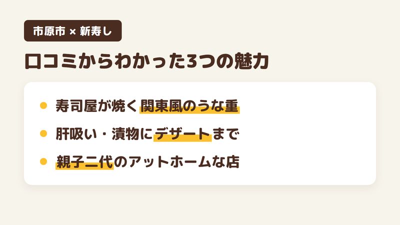 市原市飯沼の寿司店「新寿し」の口コミからわかった3つの魅力（寿司屋が焼く関東風のうな重／肝吸いや漬物にデザートまで付く／親子二代のアットホームな店）をまとめた画像