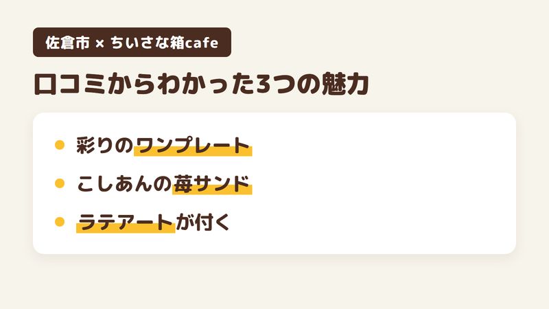 佐倉市城内町の「ちいさな箱cafe」の口コミからわかった3つの魅力（彩りの多いワンプレートランチ／こしあん入りの苺サンド／描いてもらえるラテアート）をまとめた画像