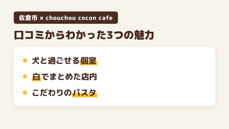 佐倉市西志津の「chouchou cocon cafe」の口コミからわかった3つの魅力（犬と過ごせる個室／白でまとめた広い店内／オーナーがこだわるパスタ）をまとめた画像