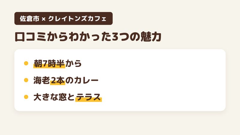 佐倉市下志津の「クレイトンズカフェ」の口コミからわかった3つの魅力(朝7時半から使える定食/有頭海老が2本付くカレー/大きな窓とテラス席)をまとめた画像