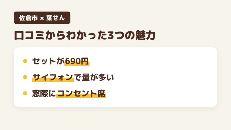佐倉市西ユーカリが丘の「葉せん」の口コミからわかった3つの魅力（690円のパンとコーヒーのセット／サイフォンで量の多いコーヒー／窓際にコンセント席）をまとめた画像