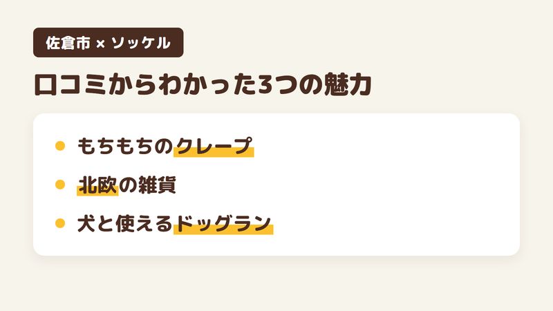 佐倉市江原の「ソッケル」の口コミからわかった3つの魅力（もちもちの生地と甘さ控えめのクレープ／北欧の雑貨とヴィーガンの焼き菓子／犬と一緒に使えるドッグラン）をまとめた画像