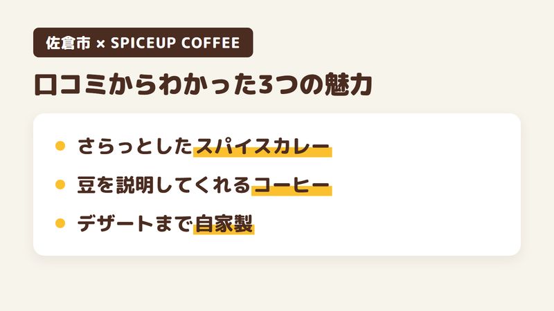 佐倉市ユーカリが丘の「SPICEUP COFFEE」の口コミからわかった3つの魅力（さらっとしたスパイスカレー／豆の説明をしてくれるコーヒー／デザートまで自家製）をまとめた画像