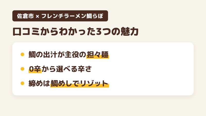佐倉市ユーカリが丘のラーメン店「フレンチラーメン鯛らぼ」の口コミからわかった3つの魅力（鯛の出汁が主役の担々麺／0辛から選べる辛さ／締めに鯛めしとリゾット）をまとめた画像