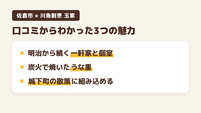 佐倉市鏑木町のうなぎ専門店「川魚割烹 玉家」の口コミからわかった3つの魅力（明治創業の一軒家と個室／炭火で焼いたうな重／城下町の散策に組み込める立地）をまとめた画像