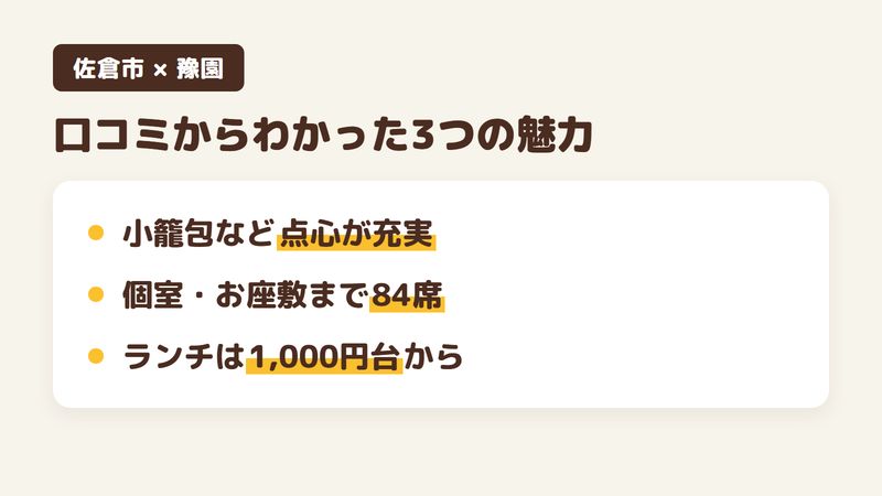 佐倉市南ユーカリが丘の中華料理店「豫園」の口コミからわかった3つの魅力（小籠包など点心が充実／個室・お座敷まである84席／ランチは1,000円台から）をまとめた画像