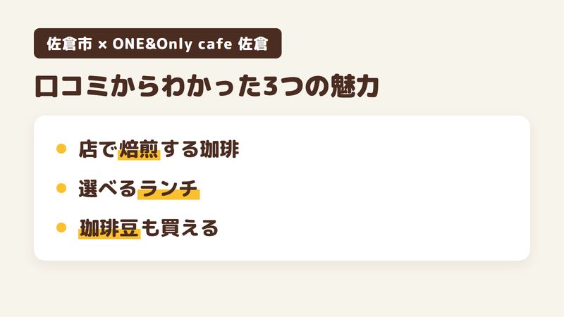 佐倉市ユーカリが丘の「ONE&Only cafe 佐倉」の口コミからわかった3つの魅力（店で焙煎する珈琲／選べるランチセット／買って帰れる珈琲豆）をまとめた画像