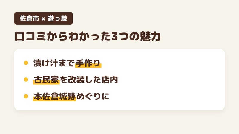 佐倉市大佐倉の古民家カフェ「遊っ蔵」の口コミからわかった3つの魅力（漬け汁まで手作りの食事／古民家を改装した落ち着く店内／本佐倉城跡めぐりに組み込める）をまとめた画像