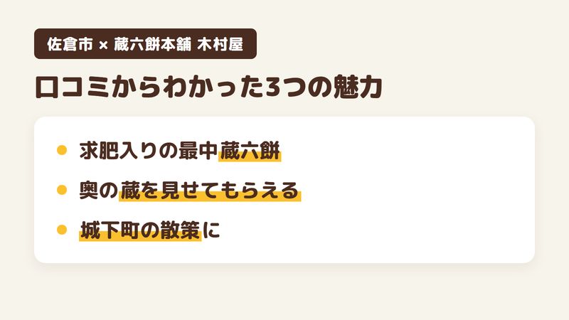 佐倉市新町の和菓子店「蔵六餅本舗 木村屋」の口コミからわかった3つの魅力（求肥入りの最中「蔵六餅」／奥の蔵を見せてもらえる／城下町の散策に組み込める）をまとめた画像