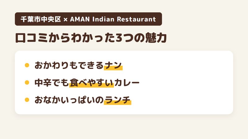 千葉市中央区亥鼻のインド料理店「AMAN Indian Restaurant」の口コミからわかった3つの魅力（おかわりもできるおいしいナン／中辛でも食べやすいカレーとラッシー／手ごろでおなかいっぱいになるランチ）をまとめた画像