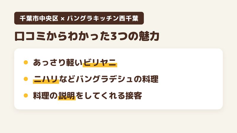 千葉市中央区春日のバングラデシュ料理店「バングラキッチン西千葉」の口コミからわかった3つの魅力(あっさり軽いビリヤニ/ニハリなどバングラデシュの料理/料理の説明をしてくれる接客)をまとめた画像