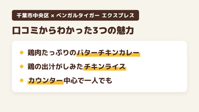 千葉市中央区新千葉のインド料理店「ベンガルタイガー エクスプレス」の口コミからわかった3つの魅力（鶏肉がたっぷりのバターチキンカレー／鶏の出汁がしみたチキンライスとスープ／カウンター中心で一人でも入りやすい）をまとめた画像