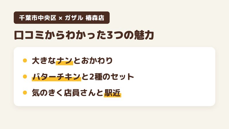 千葉市中央区椿森のインド料理店「ガザル 椿森店」の口コミからわかった3つの魅力（大きなナンとおかわり／バターチキンと2種類選べるセット／気のきく店員さんと駅からの近さ）をまとめた画像