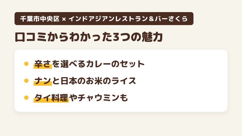 千葉市中央区弁天のカレー店「インドアジアンレストラン＆バーさくら」の口コミからわかった3つの魅力（辛さを選べるカレーのセット／ナンと日本のお米のライス／タイ料理やチャウミンも）をまとめた画像