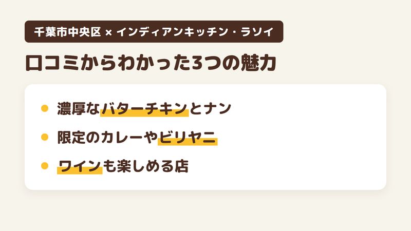千葉市中央区新田町のインド料理店「インディアンキッチン・ラソイ」の口コミと公式サイトからわかった3つの魅力（濃厚なバターチキンと選べるナン／限定のカレーや手の込んだビリヤニ／ていねいな声かけとワインも楽しめる店）をまとめた画像