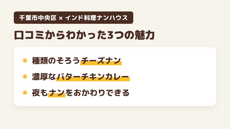 千葉市中央区新町のインド料理店「インド料理ナンハウス」の口コミからわかった3つの魅力（種類のそろうチーズナン／濃厚でとろりとしたバターチキンカレー／夜もナンをおかわりできるセット）をまとめた画像