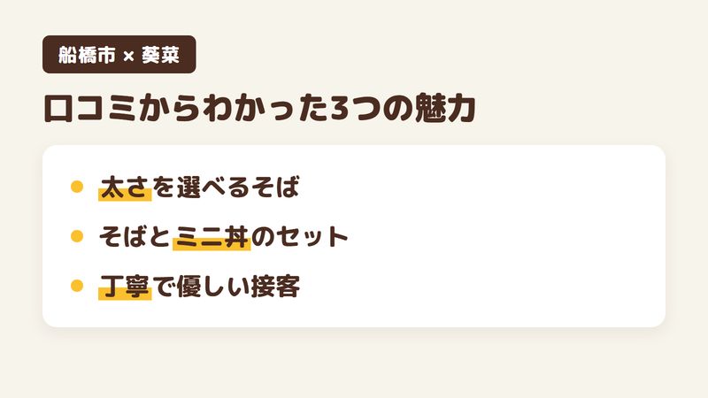 船橋市市場のそば屋「葵菜」の口コミからわかった3つの魅力（太さを選べるそば／そばとミニ丼のセット／丁寧で優しい接客）をまとめた画像