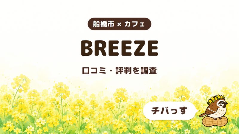 船橋市のカフェ「BREEZE」の口コミ・評判をチバっすが調査した記事の画像。菜の花畑を背景に「船橋市 × カフェ」「BREEZE」「口コミ・評判を調査」と書かれ、右下にチバっすのキャラクターが並んでいる。