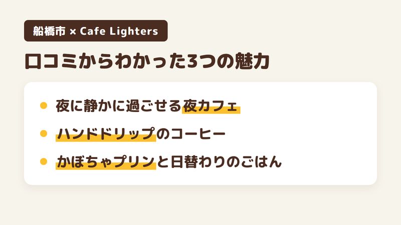 船橋市前原西のカフェ「Cafe Lighters」の口コミからわかった3つの魅力（夜に静かに過ごせる夜カフェ／ハンドドリップのコーヒー／かぼちゃプリンと日替わりのごはん）をまとめた画像