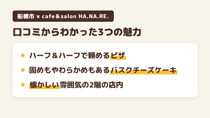 船橋市大穴南のカフェ「cafe＆salon HA.NA.RE.」の口コミからわかった3つの魅力（ハーフ＆ハーフで頼めるピザ／固めもやわらかめもあるバスクチーズケーキ／懐かしい雰囲気の2階の店内）をまとめた画像