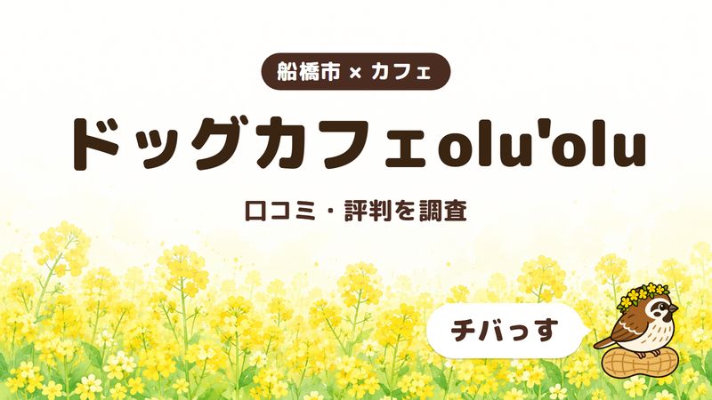 船橋市のカフェ「ドッグカフェolu'olu」の口コミ・評判をチバっすが調査した記事の画像。菜の花畑を背景に「船橋市 × カフェ」「ドッグカフェolu'olu」「口コミ・評判を調査」と書かれ、右下にチバっすのキャラクターが並んでいる。