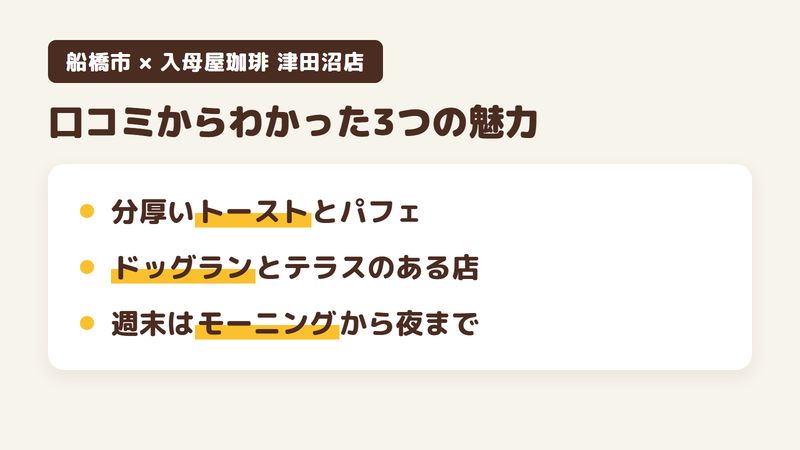 船橋市滝台のカフェ「入母屋珈琲 津田沼店」の口コミと公式サイトからわかった3つの魅力（分厚いトーストとパフェ／ドッグランとテラスのある広い店／週末はモーニングから夜まで）をまとめた画像