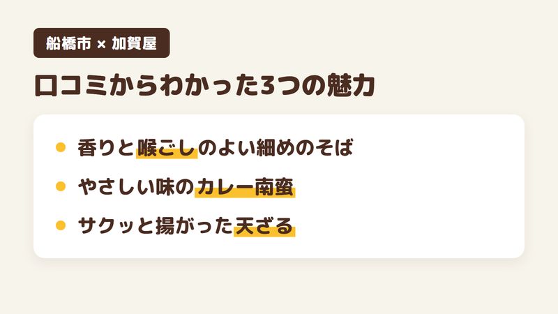 船橋市二和西のそば屋「加賀屋」の口コミからわかった3つの魅力（香りと喉ごしのよい細めのそば／やさしい味のカレー南蛮／サクッと揚がった天ざるの天ぷら）をまとめた画像