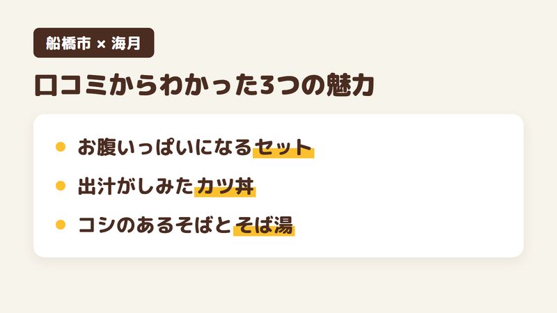 船橋市栄町のそば屋「海月」の口コミからわかった3つの魅力（お腹いっぱいになるセット／出汁がしみたカツ丼／コシのあるそばと食後のそば湯）をまとめた画像
