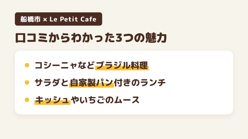 船橋市高根台のカフェ「Le Petit Cafe」の口コミからわかった3つの魅力（コシーニャなどブラジル料理のプレート／サラダと自家製パンが付くランチ／キッシュやムース、ケーキ）をまとめた画像