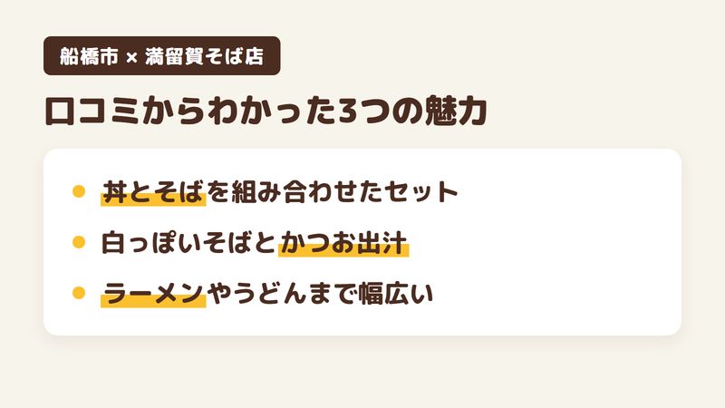 船橋市習志野台のそば屋「満留賀そば店」の口コミからわかった3つの魅力（丼とそばを組み合わせたセット／白っぽいそばとかつお出汁のつゆ／ラーメンやうどんまで幅広いお品書き）をまとめた画像