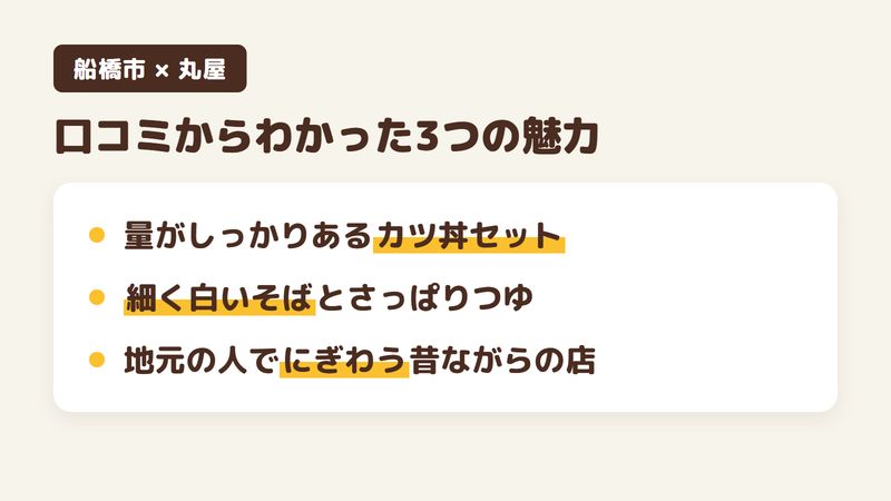 船橋市本中山のそば屋「丸屋」の口コミからわかった3つの魅力（量がしっかりあるカツ丼セット／細く白いそばとさっぱりしたつゆ／地元の人でにぎわう昔ながらの店）をまとめた画像