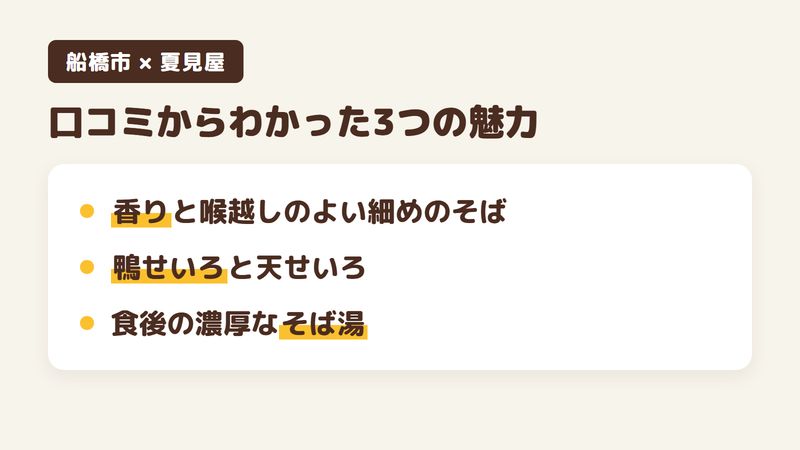 船橋市本中山のそば屋「夏見屋」の口コミからわかった3つの魅力（香りと喉越しのよい細めのそば／鴨せいろと天せいろ／食後の濃厚なそば湯）をまとめた画像