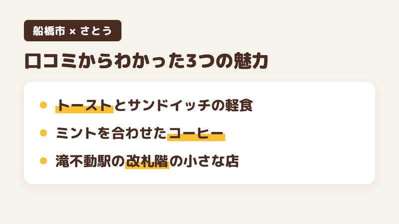 船橋市南三咲の喫茶店「さとう」の口コミからわかった3つの魅力（トーストとサンドイッチの軽食／ミントを合わせたコーヒー／滝不動駅の改札階にある小さな店）をまとめた画像