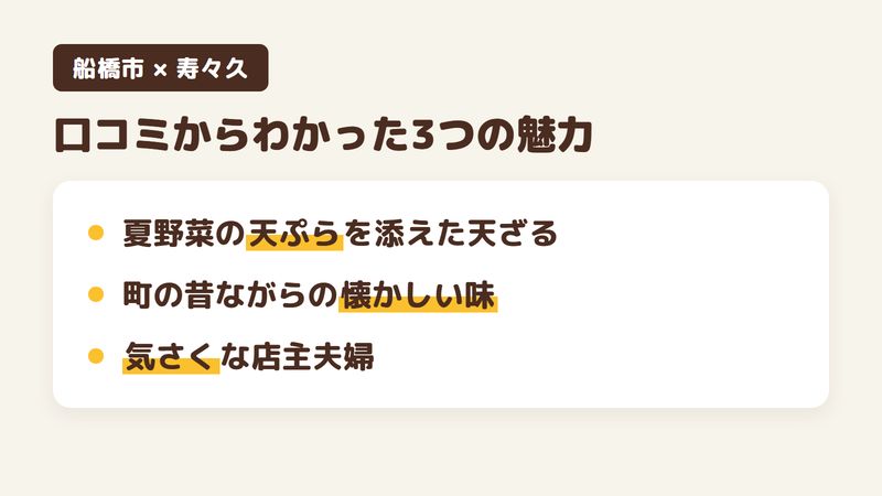 船橋市上山町のそば屋「寿々久」の口コミからわかった3つの魅力（夏野菜の天ぷらを添えた天ざる／町の昔ながらの懐かしい味／気さくな店主夫婦）をまとめた画像