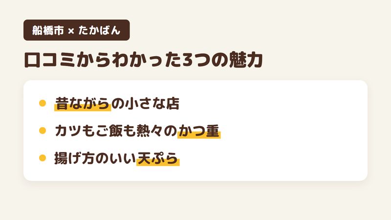 船橋市習志野台のそば屋「たかばん」の口コミからわかった3つの魅力（昔ながらの小さな店／熱々のかつ重と、かつ丼のセット／揚げ方のいい天ぷら）をまとめた画像