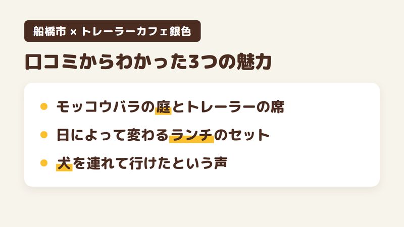 船橋市坪井町のカフェ「トレーラーカフェ銀色」の口コミと公式サイトからわかった3つの魅力（モッコウバラが咲く庭とトレーラーの席／日によって変わるランチのセット／犬を連れて行けたという声）をまとめた画像