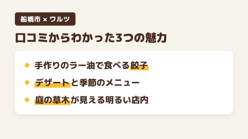 船橋市咲が丘のカフェ「ワルツ」の口コミからわかった3つの魅力（手作りのラー油で食べる餃子／程よい甘さのデザートと季節のメニュー／庭の草木が見える明るい店内）をまとめた画像