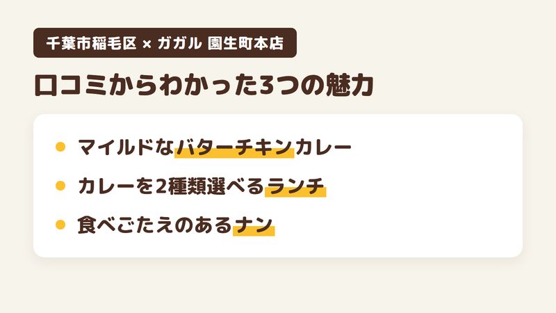 千葉市稲毛区園生町のカレー店「ガガル 園生町本店」の口コミからわかった3つの魅力（マイルドなバターチキンカレー／カレーを2種類選べるランチセット／食べごたえのあるナン）をまとめた画像