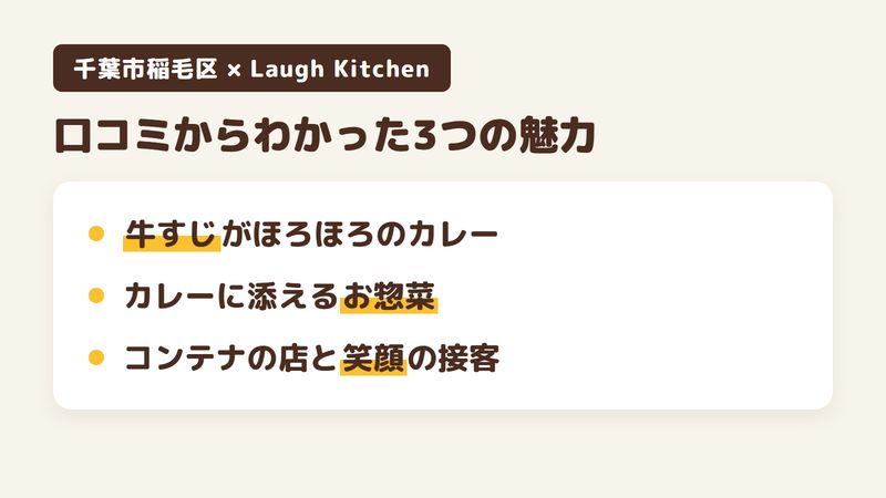 千葉市稲毛区宮野木町のカレー店「Laugh Kitchen（ラフキッチン）」の口コミからわかった3つの魅力（牛すじがほろほろのカレー／カレーに添えるお惣菜／コンテナの店と笑顔の接客）をまとめた画像