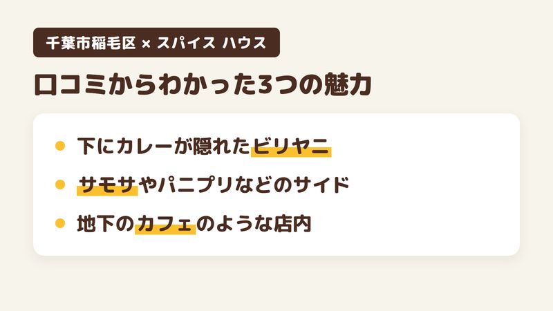 千葉市稲毛区稲毛東のカレー店「スパイス ハウス」の口コミからわかった3つの魅力（下にカレーが隠れたビリヤニ／サモサやパニプリなどのサイド料理／地下にあるカフェのような店内）をまとめた画像