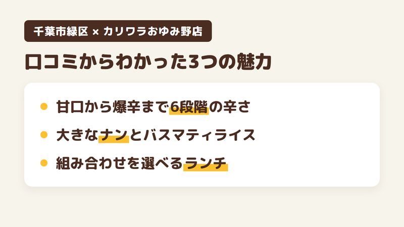 千葉市緑区おゆみ野中央のインド料理店「カリワラおゆみ野店」の口コミからわかった3つの魅力(6段階から選べる辛さ/大きなナンとバスマティライス/組み合わせを選べるランチのセット)をまとめた画像