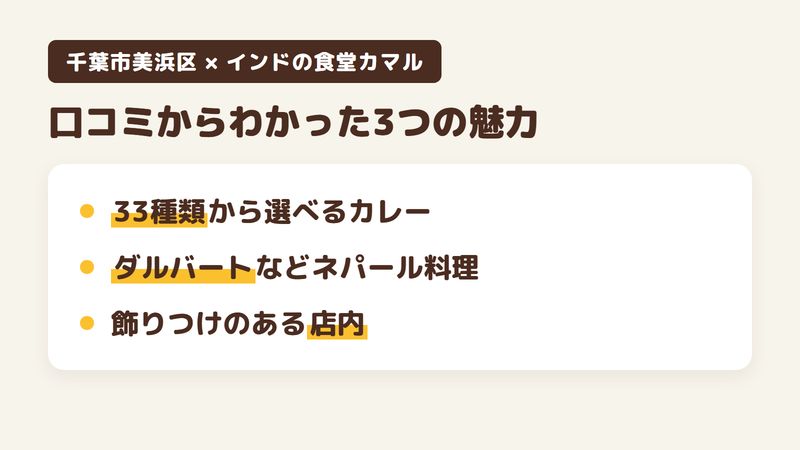 千葉市美浜区幸町のインド・ネパール料理店「インドの食堂カマル 千葉美浜店」の口コミと公式サイトからわかった3つの魅力（33種類から選べるカレーとナンのおかわり／ダルバートやモモなどのネパール料理／飾りつけのある店内と付け合わせの多いセット）をまとめた画像