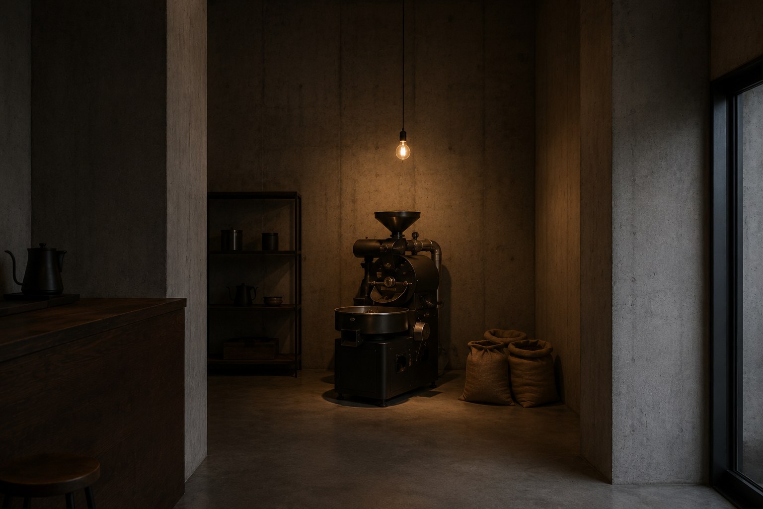 見本の架空の店 café shuman の店内の焙煎機
