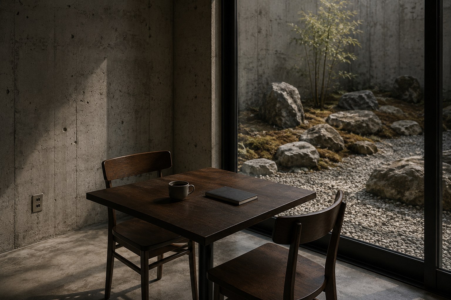 見本の架空の店 café shuman の窓側のテーブル席