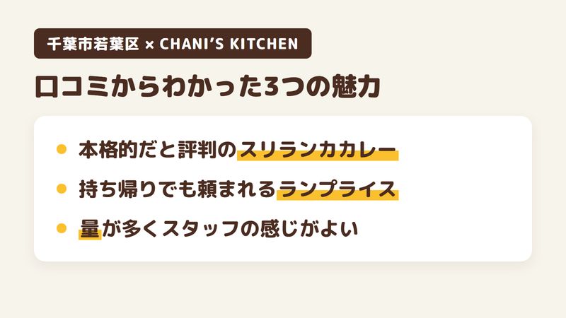 千葉市若葉区下泉町のスリランカ料理店「CHANI’S KITCHEN」の口コミからわかった3つの魅力（本格的だと評判のスリランカカレー／持ち帰りでも頼まれるランプライス／量が多くスタッフの感じがよい）をまとめた画像