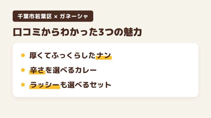 千葉市若葉区千城台北のインド料理店「インドエスニク料理 ガネーシャ」の口コミからわかった3つの魅力（厚くてふっくらしたナン／辛さを選べるカレー／ラッシーも選べるセット）をまとめた画像