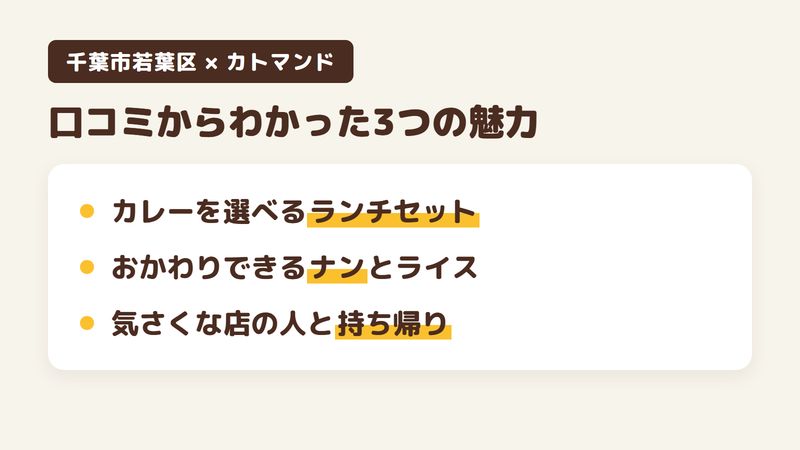 千葉市若葉区桜木のカレー店「カトマンド」の口コミからわかった3つの魅力（カレーを2種類選べるランチセット／おかわりできるナンとライス／気さくな店の人と持ち帰り）をまとめた画像