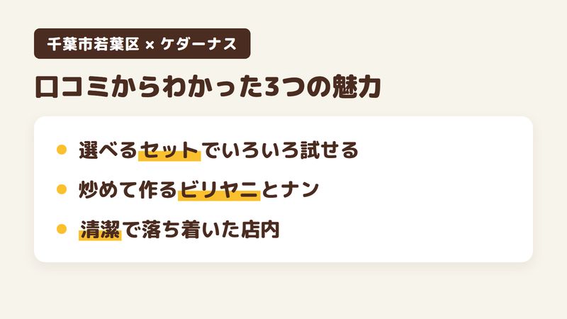 千葉市若葉区都賀の台のインド料理店「ケダーナス」の口コミからわかった3つの魅力（選べるセットでいろいろ試せる／炒めて作るビリヤニとナン／清潔で落ち着いた店内とていねいな説明）をまとめた画像